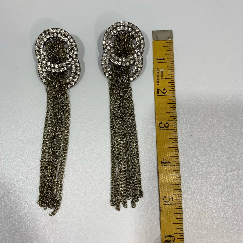 Antiqued Metal Rhinestone & Chain Dangle Long Statement Earrings